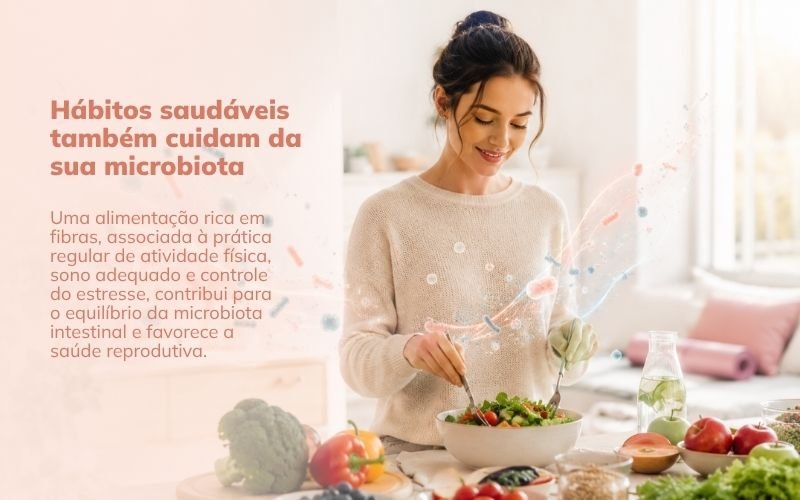 Mulher preparando uma refeição saudável rica em fibras, frutas e vegetais, com elementos visuais que representam a microbiota intestinal, ilustrando a influência dos hábitos de vida na saúde reprodutiva e na fertilidade. 