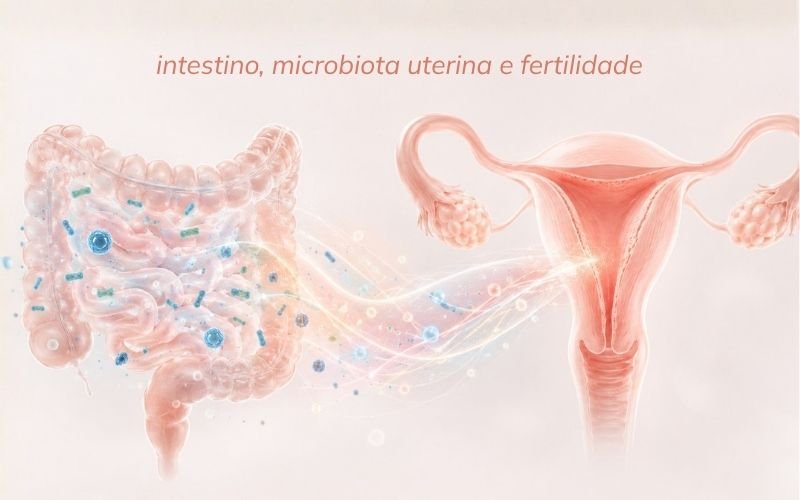 Ilustração médica mostrando a conexão entre o intestino e o útero, com microbiota saudável representada por micro-organismos benéficos e sinais biológicos que relacionam saúde intestinal, microbiota uterina e fertilidade feminina. 