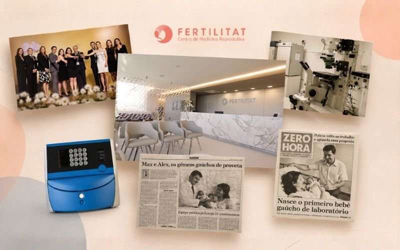 Colagem mostrando diversos momentos da trajetória do Fertilitat: A inauguração do novo laboratório em 2007, duas matérias de jornal mostrando o primeiro bebê gaúcho de laboratório e os primeiros gêmeos de proveta do RS, o Fertilitat recebendo um prêmio de cidadania e a aquisição do primeiro Embryoscope do sul do país.